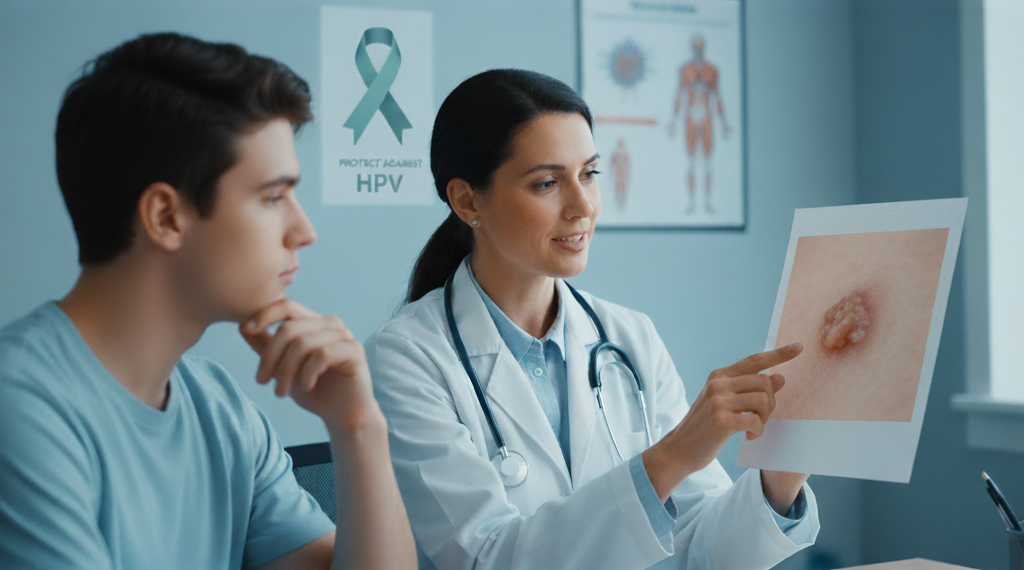 Obraz pokazujący panią doktor mówiącą osobie o wirusie HPV