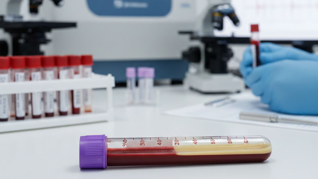 Obraz przedstawia realistyczną scenę z nowoczesnego laboratorium medycznego, koncentrującą się na kluczowym aspekcie badania morfologii krwi, jakim jest hematokryt