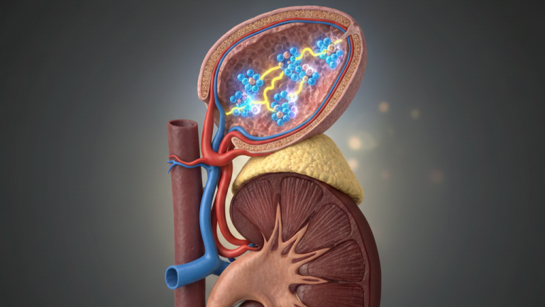 Obraz przedstawia realistyczną, anatomiczną ilustrację przekroju podłużnego ludzkiej nerki wraz z nadnerczem, umieszczoną na neutralnym, ciemnym tle z delikatnym gradientem