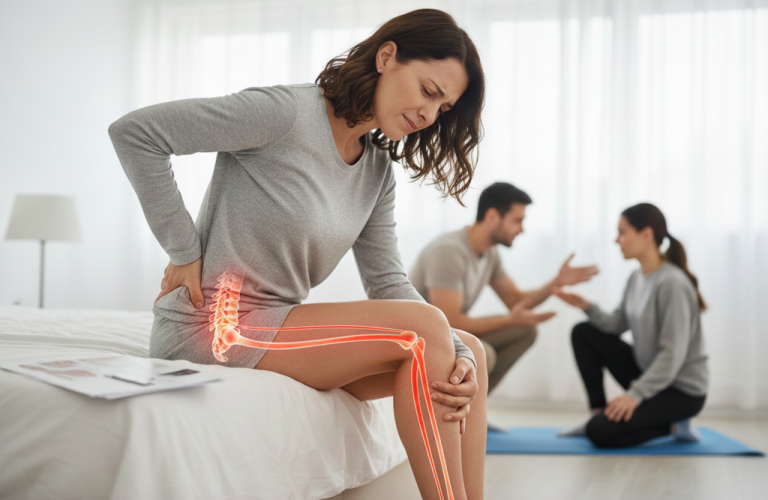 Obraz przedstawia kobietę w średnim wieku, siedzącą na krawędzi łóżka w jasnym, domowym otoczeniu