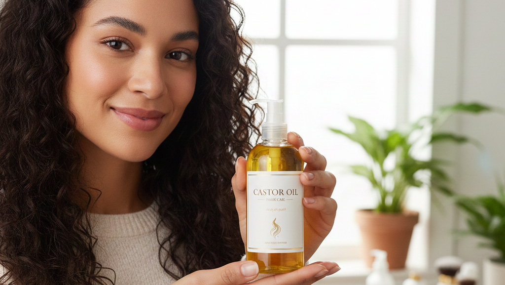 Obraz pokazujący młodą kobietę o ciemnych, kręconych włosach, która trzyma w dłoniach butelkę z olejem rycynowym przeznaczonym do pielęgnacji włosów
