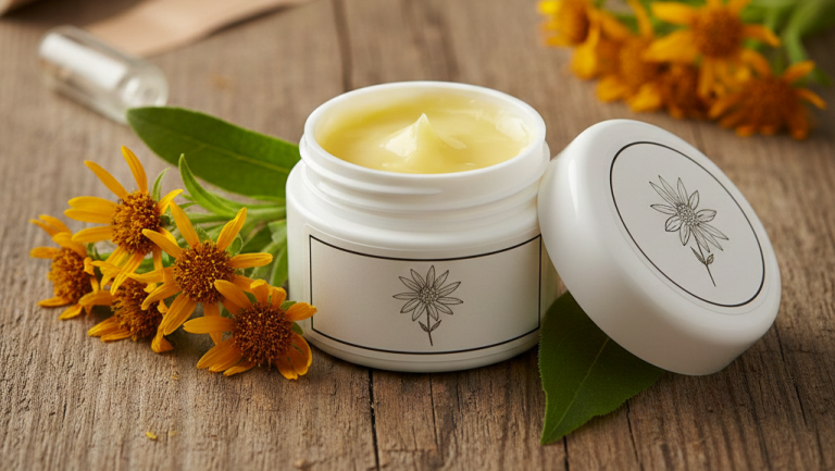 Obraz przedstawia realistyczną scenę, koncentrującą się na maści arnikowej oraz jej naturalnym źródle, ułożoną na tle drewnianego stołu o naturalnej fakturze