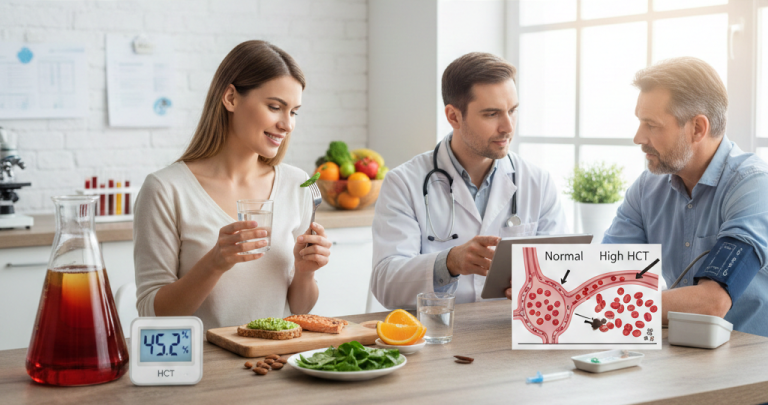 Obraz przedstawia konsultację medyczną przy stole w jasnym, nowoczesnym wnętrzu, które wygląda jak gabinet lekarski lub przestrzeń połączona z kuchnią