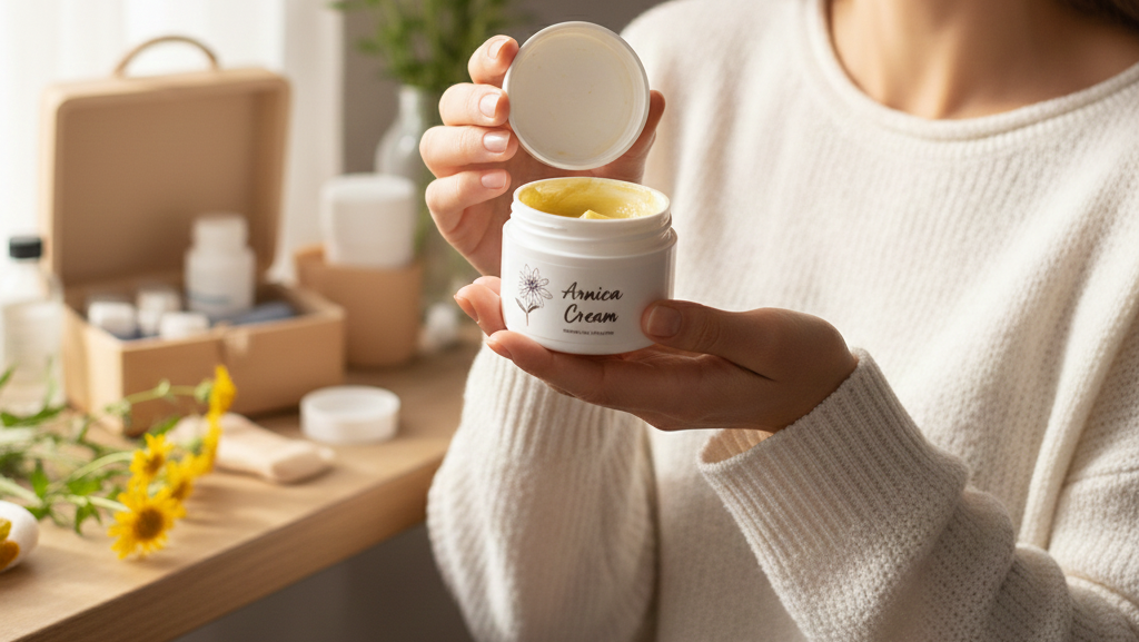 Obraz przedstawia uśmiechniętą, młodą kobietę w jasnym, wełnianym swetrze, która trzyma w dłoniach słoiczek kremu