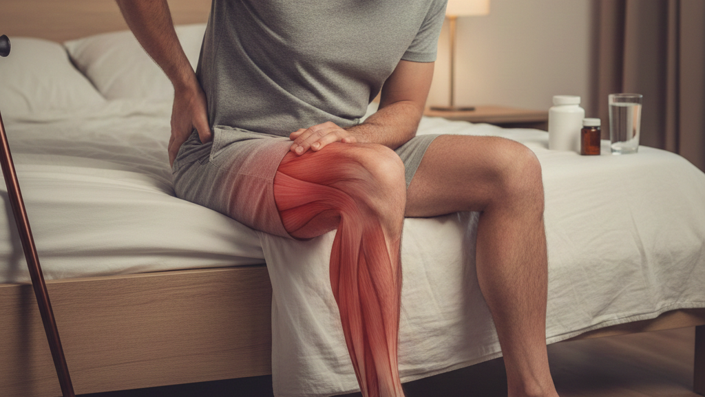 Obraz przedstawia mężczyznę w średnim wieku siedzącego na krawędzi łóżka w sypialni, który wyraźnie cierpi z powodu silnego bólu typowego dla rwy kulszowej