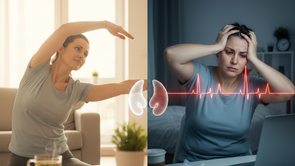 Obraz jest podzielony na dwie kontrastujące ze sobą sceny, ukazujące wpływ stylu życia na zdrowie, symbolizowany przez ludzkie nerki i linię tętna