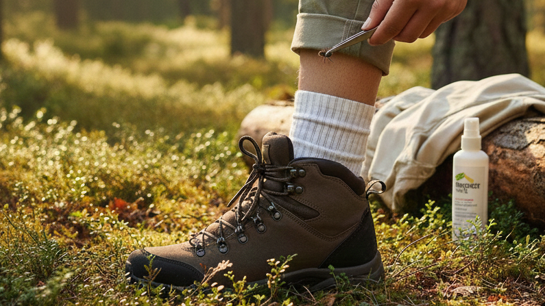 Obraz przedstawia kompozycję wizualną łączącą scenę plenerową z elementami medycznymi, odnoszącą się do boreliozy