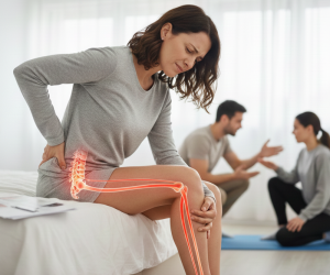 Obraz przedstawia kobietę w średnim wieku, siedzącą na krawędzi łóżka w jasnym, domowym otoczeniu