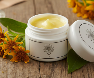 Obraz przedstawia realistyczną scenę, koncentrującą się na maści arnikowej oraz jej naturalnym źródle, ułożoną na tle drewnianego stołu o naturalnej fakturze