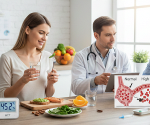 Obraz przedstawia konsultację medyczną przy stole w jasnym, nowoczesnym wnętrzu, które wygląda jak gabinet lekarski lub przestrzeń połączona z kuchnią